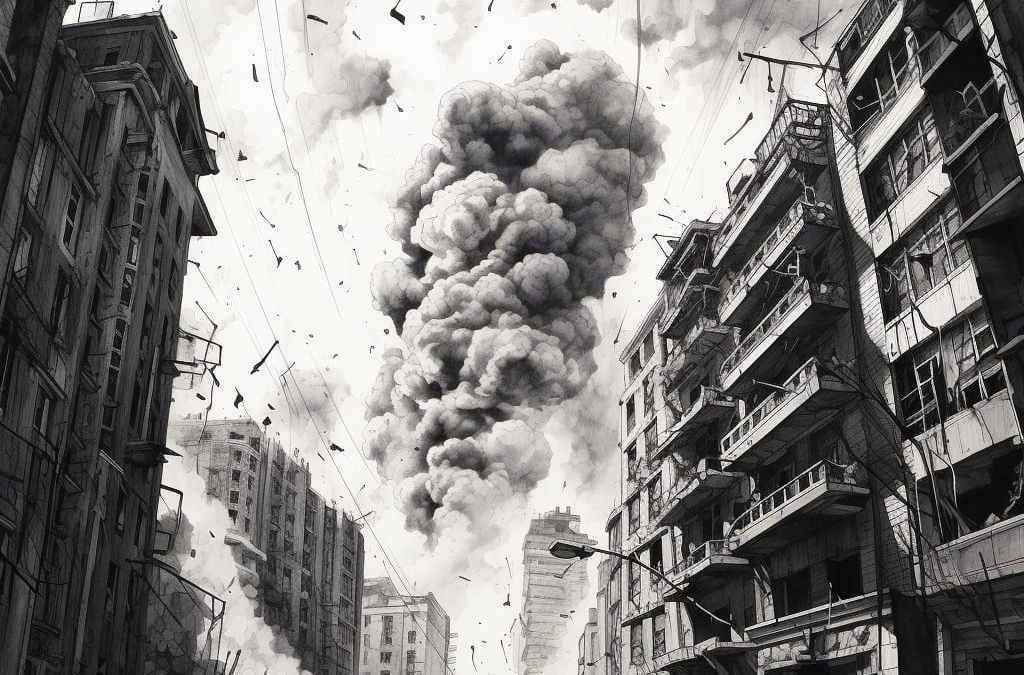 Eine Schwarz-Weiß-Zeichnung einer Explosion in einer Stadt.