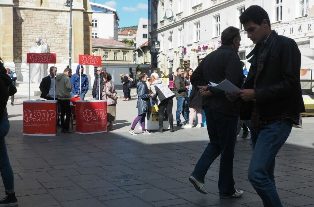 A campaign stand in Sarajevo.