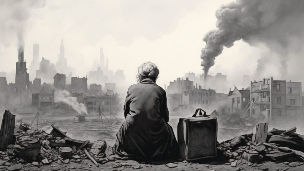 Das Bild eines Mannes, der auf eine Stadt blickt, aus der Rauch aufsteigt.